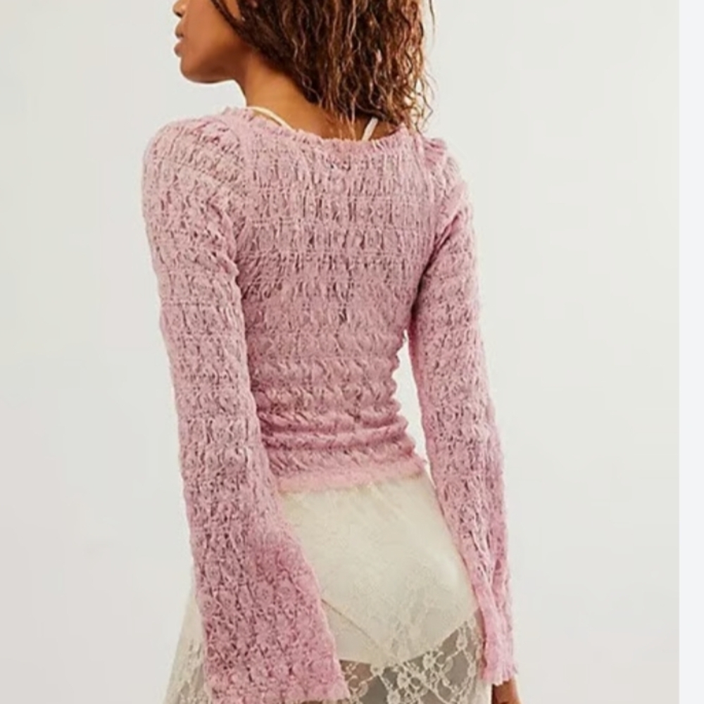 Free People One Madison Top Women XL Smocked 🌹 Rose Lace Sheer Fairy Pink Boho - Picture 2 of 13